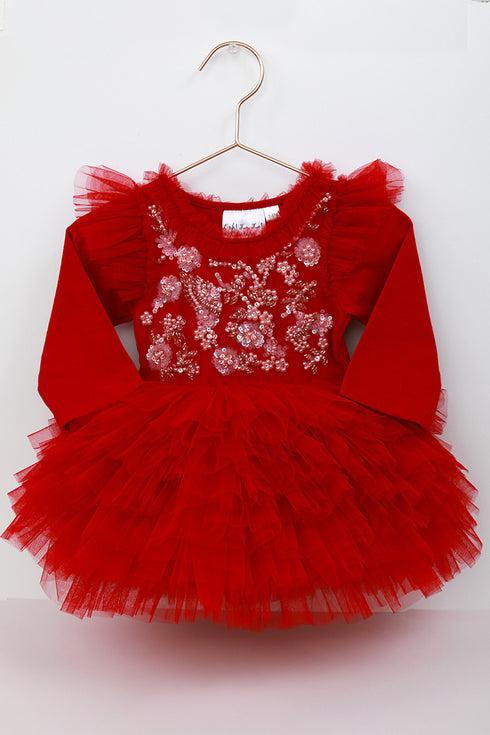 Aurelie Baby Onesie – Ruby Red Sequin Tulle Dress for Babies 0-24M