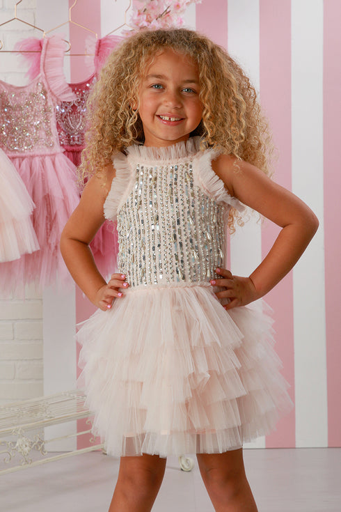 Dreamy Blush Halter Neckline Pearl Embellishments Soft Ruffled Collar Alizee Dress for Girls 12M-14