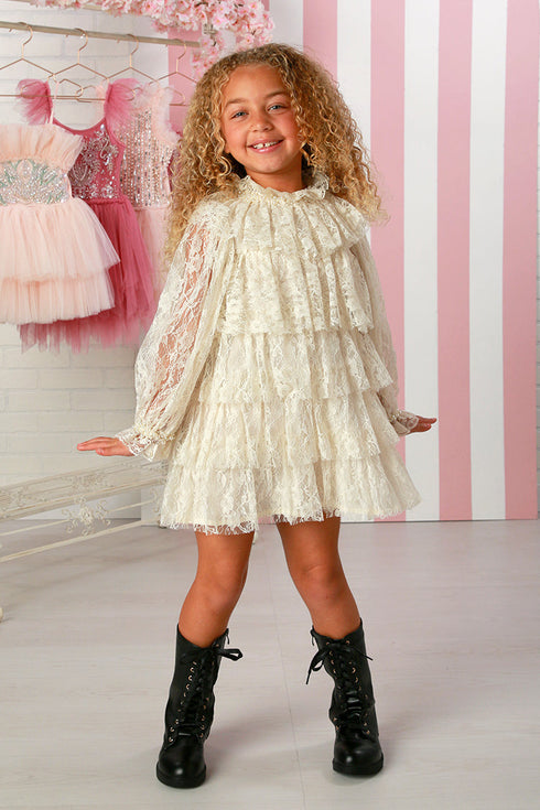 Thea Ivory Lace Dress – Long Sleeve Ruffled Lace Party Dress for Girls 12M-14
