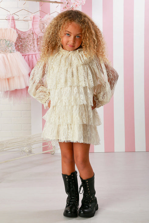 Thea Ivory Lace Dress – Long Sleeve Ruffled Lace Party Dress for Girls 12M-14