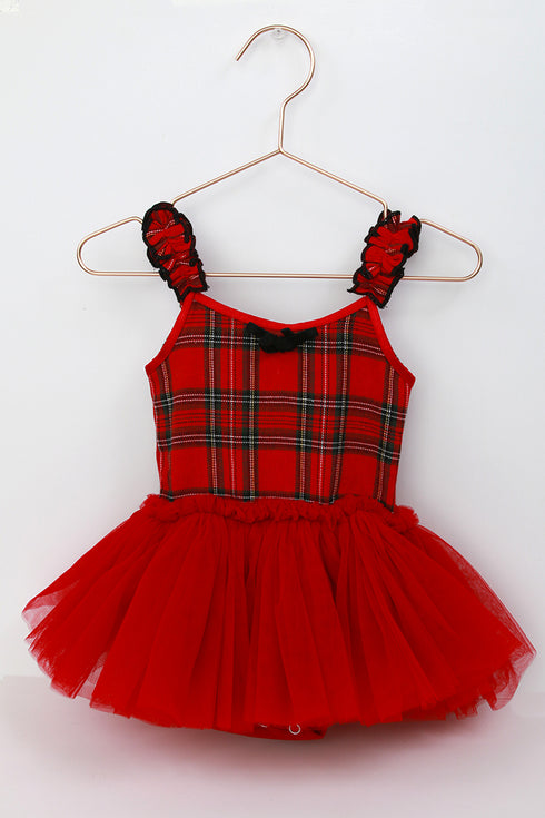 Sophie Baby Onesie – Red Plaid Tartan Holiday Tulle Dress for Babies 0-24M