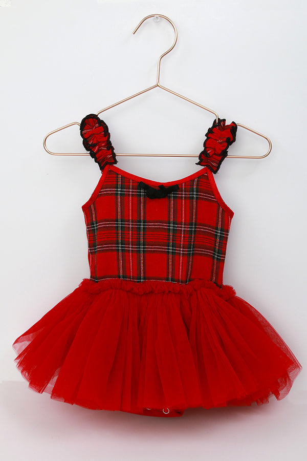 Sophie Baby Onesie – Red Plaid Tartan Holiday Tulle Dress for Babies 0-24M