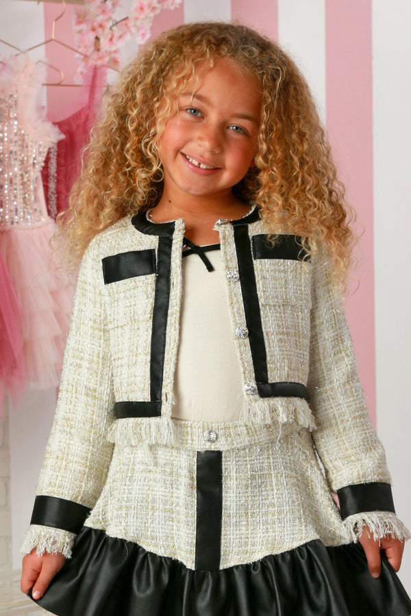 Coco Tweed Jacket – Elegant Girls’ Bouclé Blazer with Satin Trim 12M-14