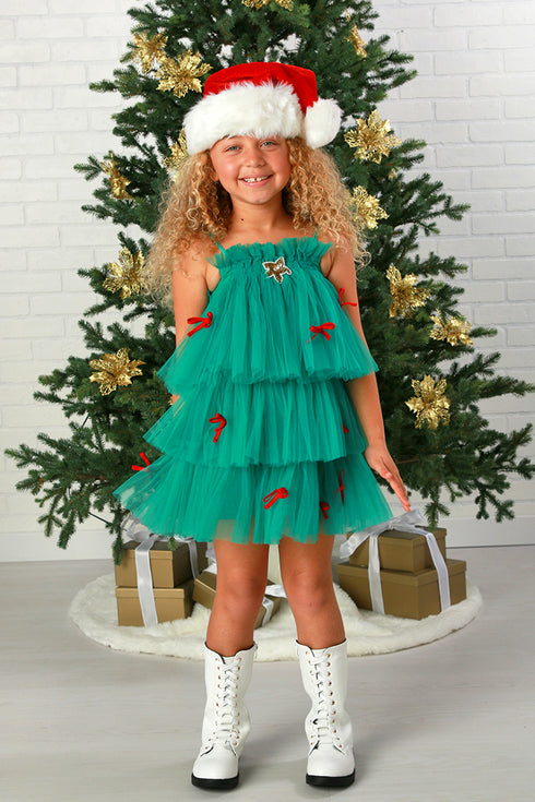 Penelope Christmas Tree Tulle Dress – Green Holiday Layered Dress 12M-14