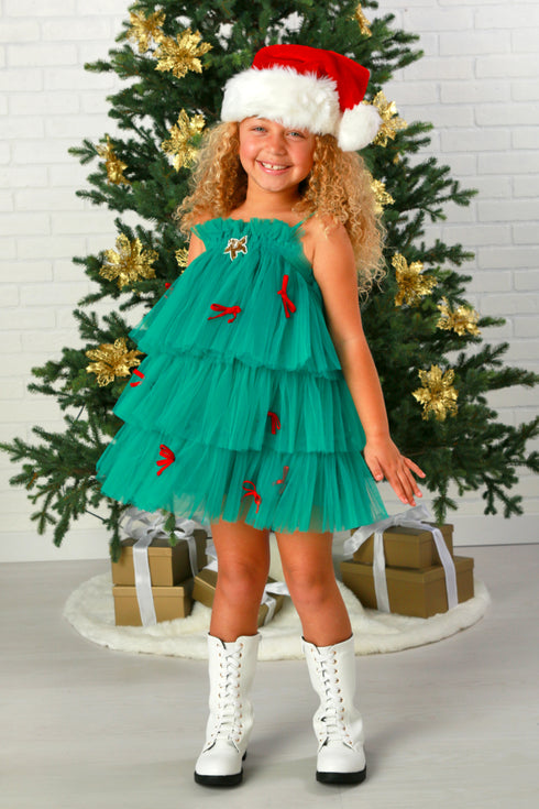 Penelope Christmas Tree Tulle Dress – Green Holiday Layered Dress 12M-14