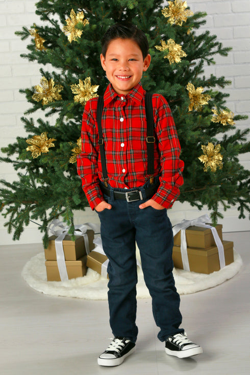Classic Red Plaid Button-Up Shirt – Holiday Charm for Boys 12M-14