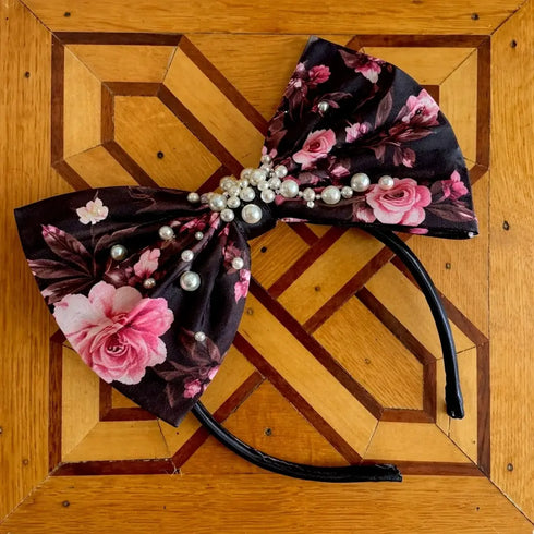 Black & Pink Floral Pearl-Embellished Bow Headband