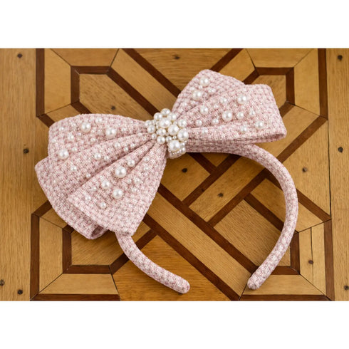Blush Tweed-Style Pearl Bow Headband
