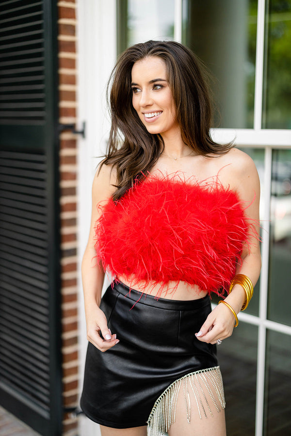 fancy-strapless-feather-crop-top-crimson Buddy Love - Sophia's Style-Fancy Strapless Feather Crop Top - Crimson-Crimson-XS-1