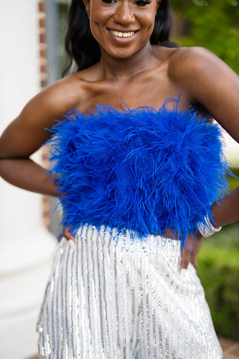 fancy-strapless-feather-crop-top-royal-blue Buddy Love - Sophia's Style-Fancy Strapless Feather Crop Top - Royal Blue-Blue-XS-1