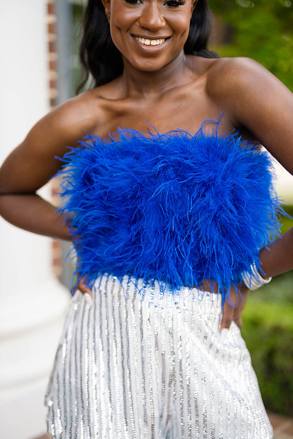 fancy-strapless-feather-crop-top-royal-blue Buddy Love - Sophia's Style-Fancy Strapless Feather Crop Top - Royal Blue-Blue-XS-1