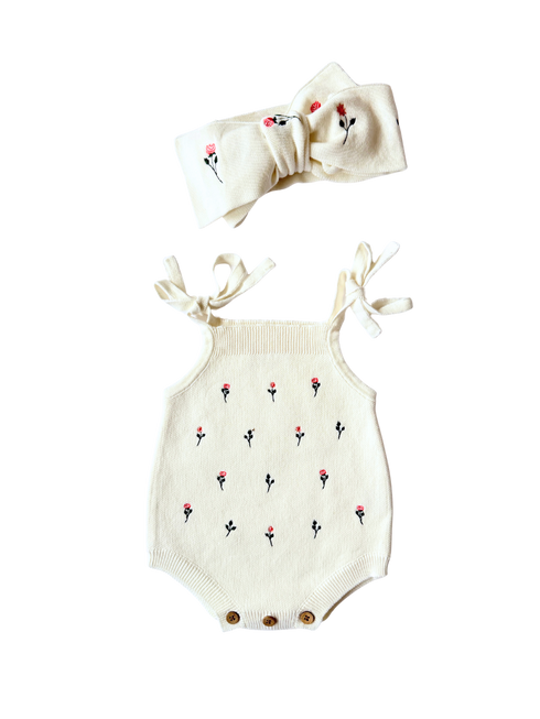 Floral Embroidery Romper + Bow - White