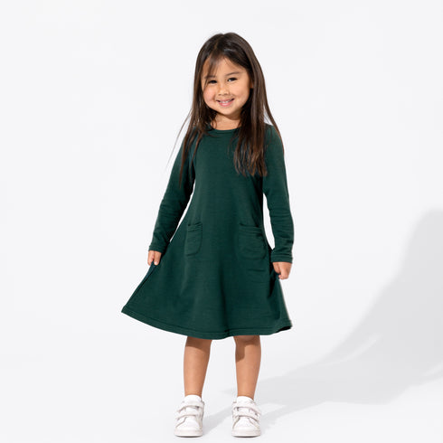 forest-green-bamboo-terry-daywear-girls-long-sleeve-dress-bellabu-bear - Sophia's Style Dress-1