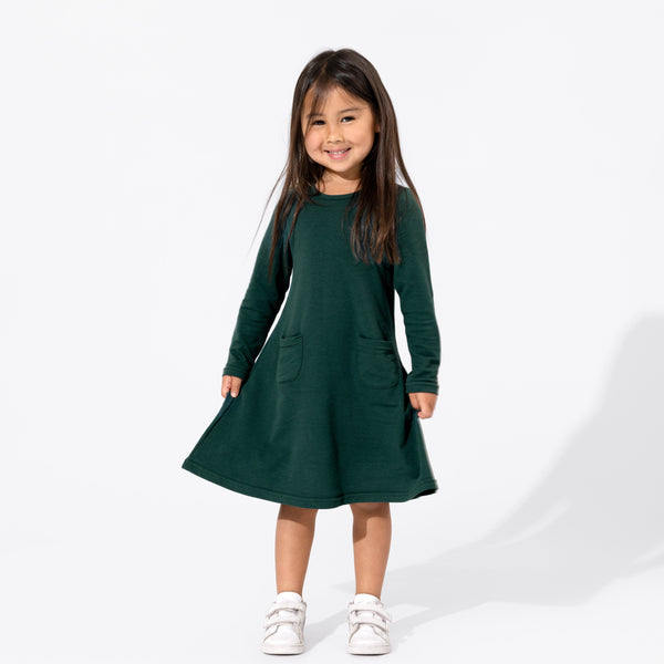 forest-green-bamboo-terry-daywear-girls-long-sleeve-dress-bellabu-bear - Sophia's Style Dress-1