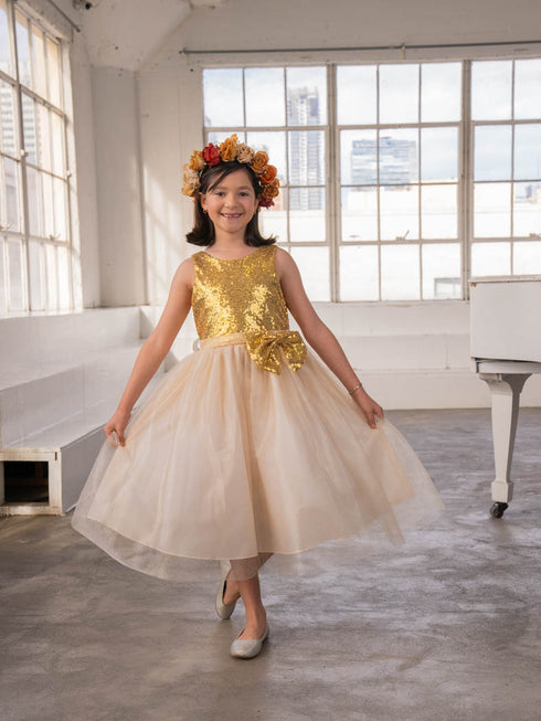 Girls A-Line Sequin Top Bow Waist V Back Tulle Flower Girl Dress 2-16