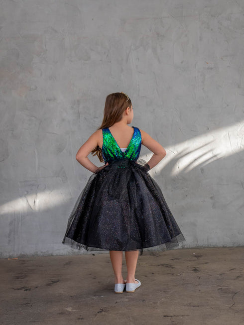 Girls A-Line Sequin Top Bow Waist V Back Tulle Flower Girl Dress 2-16