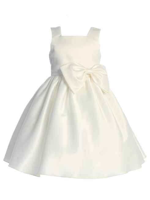 Girls Bow Accented Tea Length Satin Flower Girl Dress 2T-8 - SophiasStyle.com