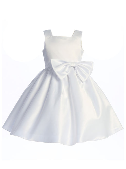 Girls Bow Accented Tea Length Satin Flower Girl Dress 2T-8 - SophiasStyle.com
