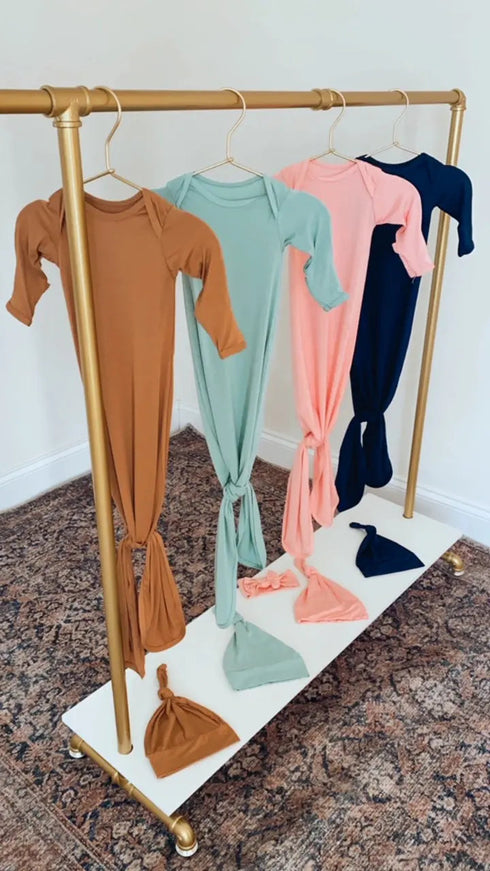 newborn-knotted-baby-gown-and-hat-set-crew-newborn-3-months-mint-navy-blue-pink-camel-brown-Sophia's Style-2