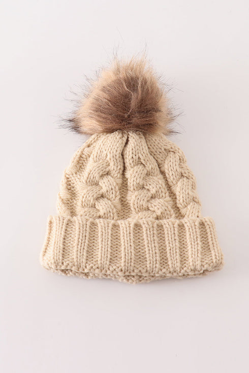 Beige pompom cable beanie hat