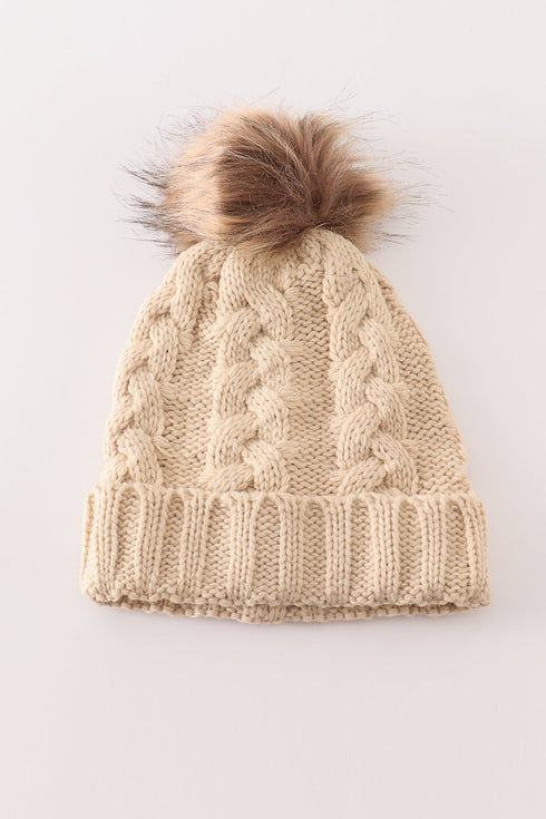 Beige pompom cable beanie hat