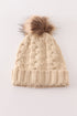 Beige pompom cable beanie hat