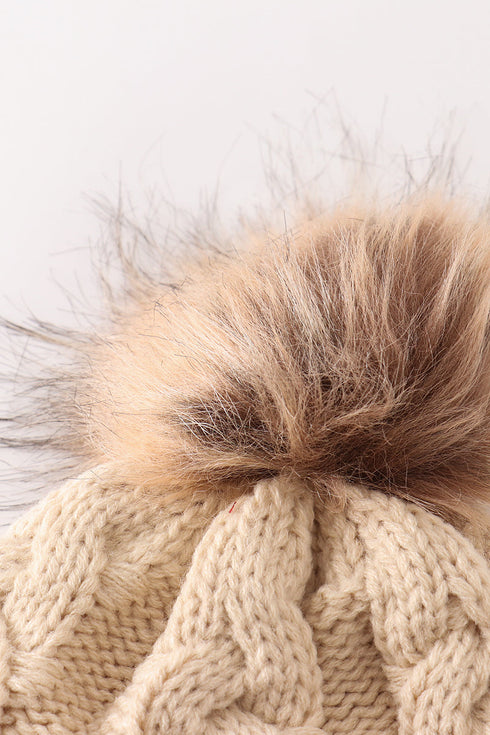 Beige pompom cable beanie hat