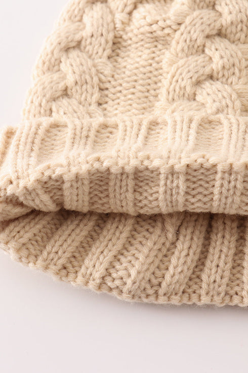 Beige pompom cable beanie hat