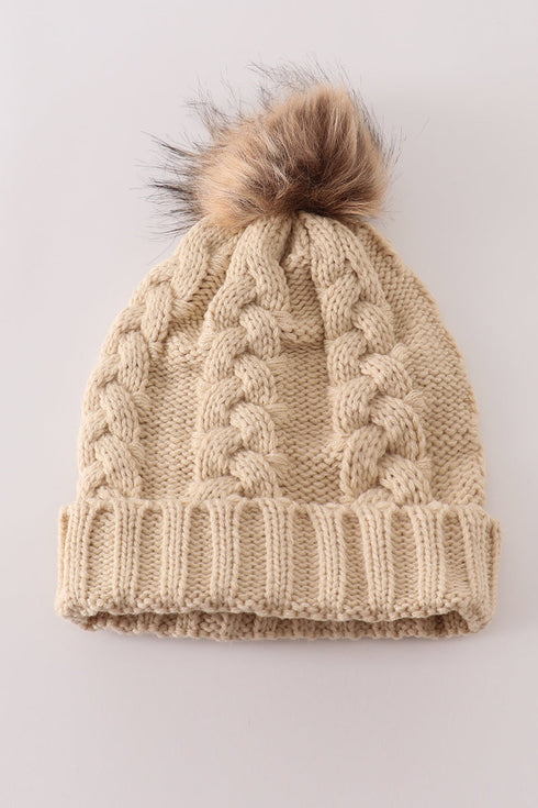 Beige pompom cable beanie hat
