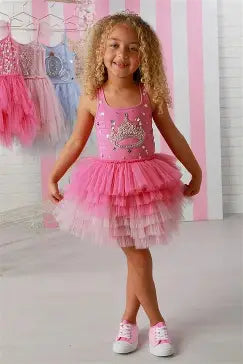Candy Pink Tiara Tiered Tulle Girls Dress, Sizes 12M-14