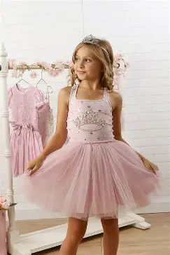 Soft Pink Princess Sparkle Tiara Tulle Girls Dress 12M-14