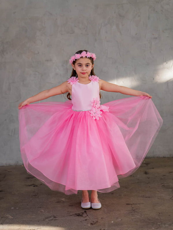 Little Girls Hot Pink Beaded Flower Appliques Tulle Flower Girl Dress 2-6