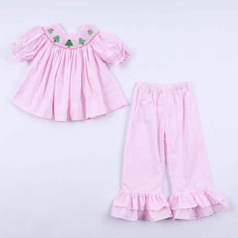 Pink christmas tree hand smocked ruffle pants set
