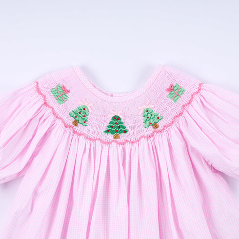 Pink christmas tree hand smocked ruffle pants set