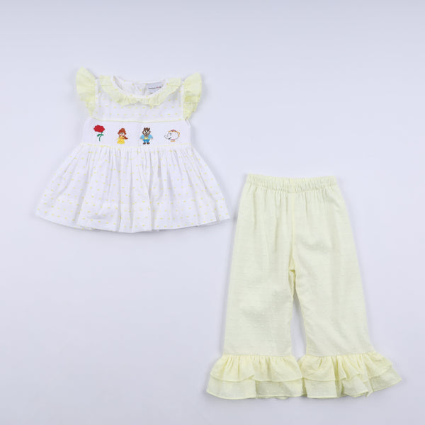 Mustard character hand smocked ruffle pants set
