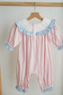 Pink candy cane bow hand smocked ruffle romper
