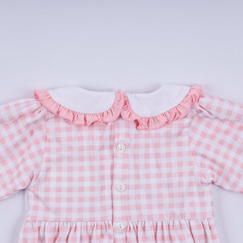 Pink gingerbread hand smocked gingham ruffle bubble