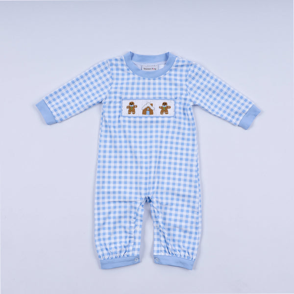 Blue gingerbread hand smocked gingham romper