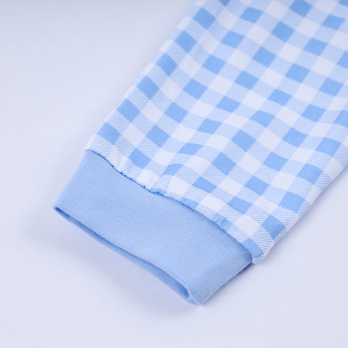 Blue gingerbread hand smocked gingham romper