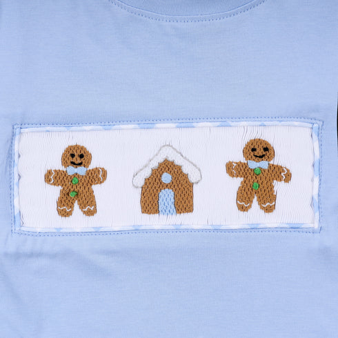 Blue gingerbread hand smocked gingham pants set