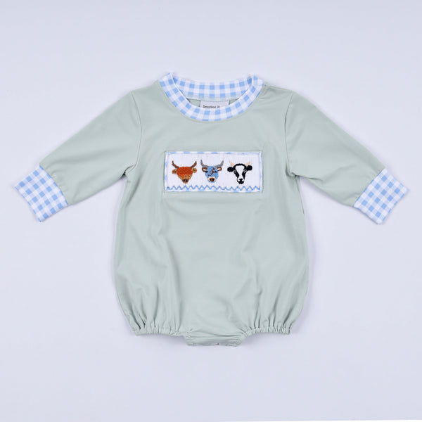 Sage cow hand smocked bubble