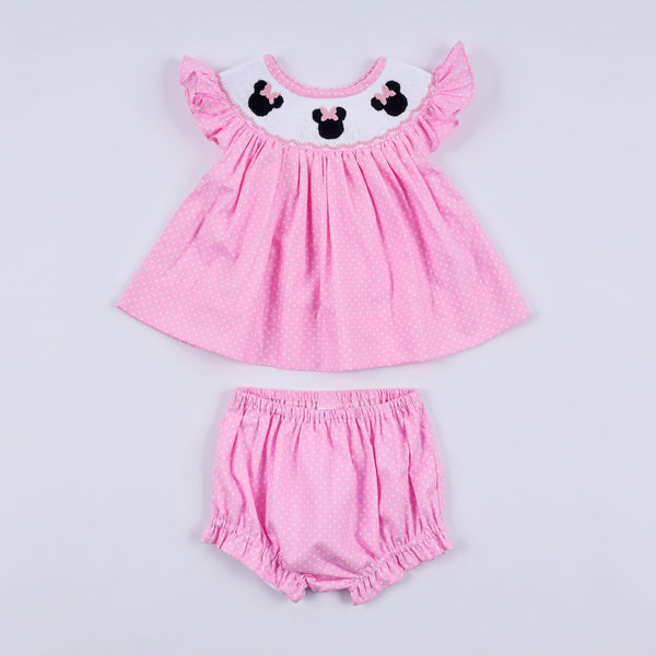 Pink character hand smocked dot ruffle bloomer set