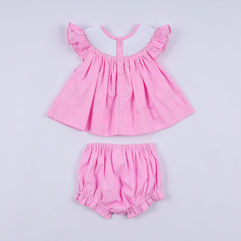 Pink character hand smocked dot ruffle bloomer set