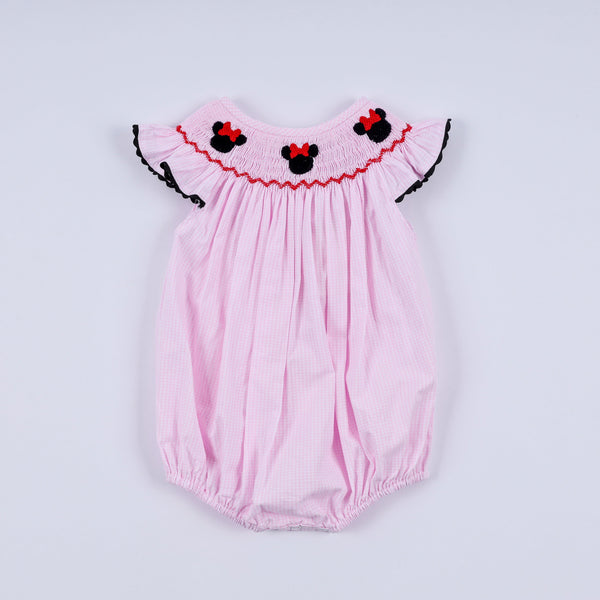 Red character hand smocked plaid ruffle bubble