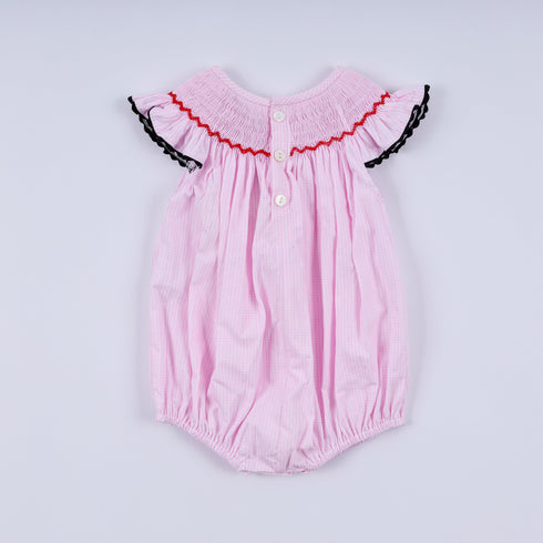 Red character hand smocked plaid ruffle bubble