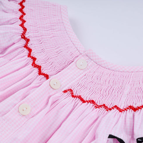Red character hand smocked plaid ruffle bubble