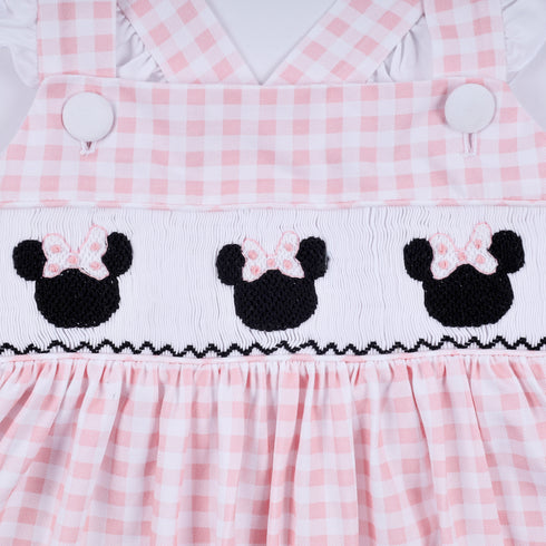Pink character hand smocked gingham ruffle dress
