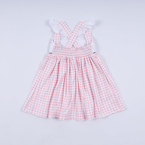 Pink character hand smocked gingham ruffle dress