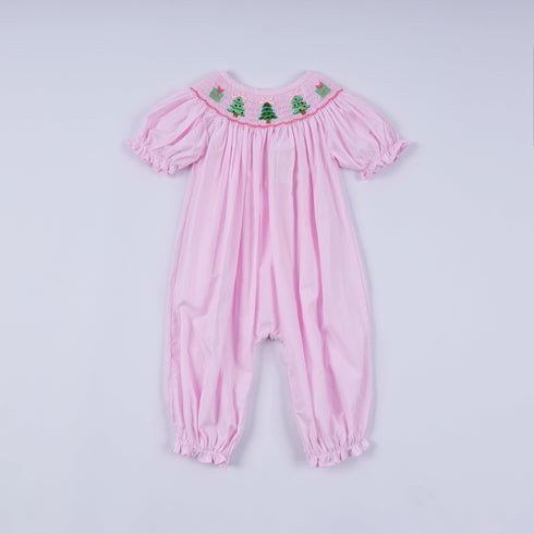 Pink christmas tree hand smocked ruffle romper