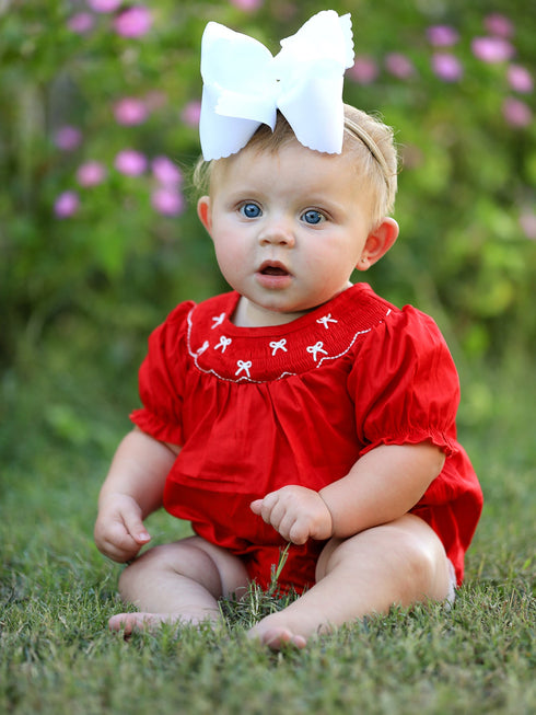 girls-bow-smocking-embroidered-red-romper Rylee Faith Designs - Sophia's StyleRomper-1